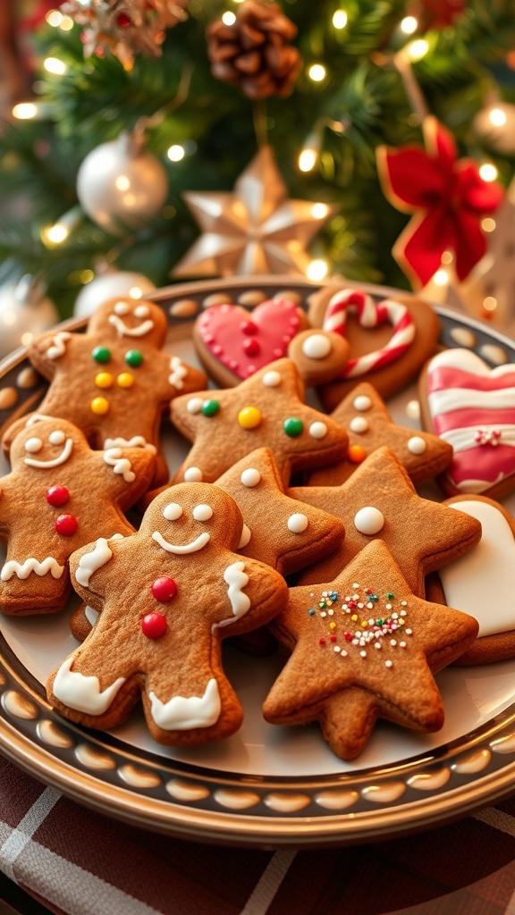 Decorated gingerbread cookies in festive shapes on a plate, surrounded by holiday decorations.
